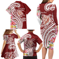 Aloha Hawaii Island Personalized Family Matching Long Sleeve Bodycon Dress and Hawaiian Shirt Crimson Dreamy Turtle LT7 - Polynesian Pride