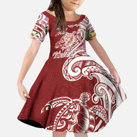 Aloha Hawaii Island Personalized Family Matching Off Shoulder Maxi Dress and Hawaiian Shirt Crimson Dreamy Turtle LT7 Daughter's Dress Red - Polynesian Pride