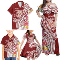 Aloha Hawaii Island Personalized Family Matching Off Shoulder Maxi Dress and Hawaiian Shirt Crimson Dreamy Turtle LT7 - Polynesian Pride