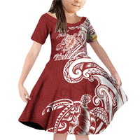 Aloha Hawaii Island Personalized Family Matching Off Shoulder Short Dress and Hawaiian Shirt Crimson Dreamy Turtle LT7 Daughter's Dress Red - Polynesian Pride