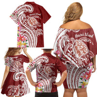 Aloha Hawaii Island Personalized Family Matching Off Shoulder Short Dress and Hawaiian Shirt Crimson Dreamy Turtle LT7 - Polynesian Pride