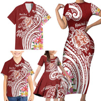 Aloha Hawaii Island Personalized Family Matching Short Sleeve Bodycon Dress and Hawaiian Shirt Crimson Dreamy Turtle LT7 - Polynesian Pride