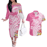Aloha Maui Island Personalized Couples Matching Off The Shoulder Long Sleeve Dress and Hawaiian Shirt Rose Dreamy Turtle LT7 Rose Pink - Polynesian Pride