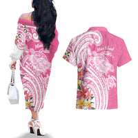 Aloha Maui Island Personalized Couples Matching Off The Shoulder Long Sleeve Dress and Hawaiian Shirt Rose Dreamy Turtle LT7 - Polynesian Pride