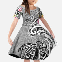 Aloha Kahoolawe Island Personalized Family Matching Off Shoulder Maxi Dress and Hawaiian Shirt Ashen Dreamy Turtle LT7 Daughter's Dress Grey - Polynesian Pride