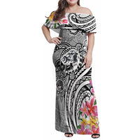 Aloha Kahoolawe Island Personalized Family Matching Off Shoulder Maxi Dress and Hawaiian Shirt Ashen Dreamy Turtle LT7 Mom's Dress Grey - Polynesian Pride
