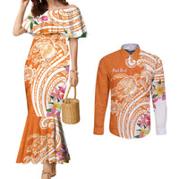 Aloha Lanai Island Personalized Couples Matching Mermaid Dress and Long Sleeve Button Shirt Orange Dreamy Turtle