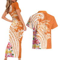 Aloha Lanai Island Personalized Couples Matching Short Sleeve Bodycon Dress and Hawaiian Shirt Orange Dreamy Turtle LT7 - Polynesian Pride