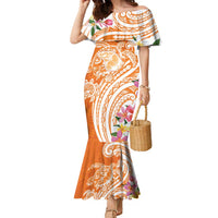 Aloha Lanai Island Personalized Family Matching Mermaid Dress and Hawaiian Shirt Orange Dreamy Turtle LT7 Mom's Dress Orange - Polynesian Pride