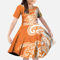 Aloha Lanai Island Personalized Family Matching Short Sleeve Bodycon Dress and Hawaiian Shirt Orange Dreamy Turtle LT7 Daughter's Dress Orange - Polynesian Pride