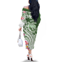 Aloha Molokai Island Personalized Family Matching Off The Shoulder Long Sleeve Dress and Hawaiian Shirt Sage Dreamy Turtle LT7 - Polynesian Pride