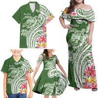 Aloha Molokai Island Personalized Family Matching Off Shoulder Maxi Dress and Hawaiian Shirt Sage Dreamy Turtle LT7 - Polynesian Pride