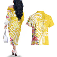 Aloha Oahu Island Personalized Couples Matching Off The Shoulder Long Sleeve Dress and Hawaiian Shirt Yellow Dreamy Turtle LT7 - Polynesian Pride