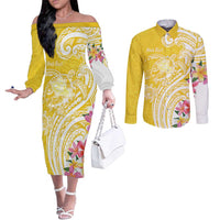 Aloha Oahu Island Personalized Couples Matching Off The Shoulder Long Sleeve Dress and Long Sleeve Button Shirt Yellow Dreamy Turtle