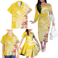 Aloha Oahu Island Personalized Family Matching Off The Shoulder Long Sleeve Dress and Hawaiian Shirt Yellow Dreamy Turtle LT7 - Polynesian Pride