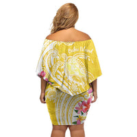 Aloha Oahu Island Personalized Family Matching Off Shoulder Short Dress and Hawaiian Shirt Yellow Dreamy Turtle LT7 - Polynesian Pride