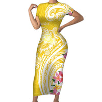 Aloha Oahu Island Personalized Family Matching Short Sleeve Bodycon Dress and Hawaiian Shirt Yellow Dreamy Turtle LT7 Mom's Dress Yellow - Polynesian Pride