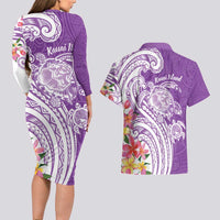 Aloha Kauai Island Personalized Couples Matching Long Sleeve Bodycon Dress and Hawaiian Shirt Lilac Dreamy Turtle LT7 - Polynesian Pride