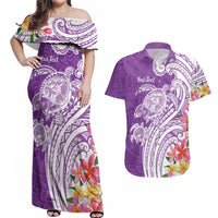 Aloha Kauai Island Personalized Couples Matching Off Shoulder Maxi Dress and Hawaiian Shirt Lilac Dreamy Turtle LT7 Lilac - Polynesian Pride