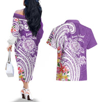 Aloha Kauai Island Personalized Couples Matching Off The Shoulder Long Sleeve Dress and Hawaiian Shirt Lilac Dreamy Turtle LT7 - Polynesian Pride