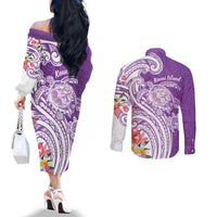 Aloha Kauai Island Personalized Couples Matching Off The Shoulder Long Sleeve Dress and Long Sleeve Button Shirt Lilac Dreamy Turtle LT7 - Polynesian Pride
