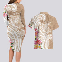 Aloha Niihau Island Personalized Couples Matching Long Sleeve Bodycon Dress and Hawaiian Shirt Beige Dreamy Turtle LT7 - Polynesian Pride