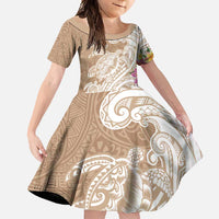 Aloha Niihau Island Personalized Family Matching Long Sleeve Bodycon Dress and Hawaiian Shirt Beige Dreamy Turtle LT7 Daughter's Dress Beige - Polynesian Pride
