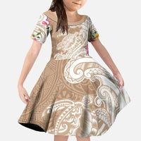 Aloha Niihau Island Personalized Family Matching Off Shoulder Maxi Dress and Hawaiian Shirt Beige Dreamy Turtle LT7 Daughter's Dress Beige - Polynesian Pride