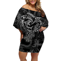 Hawaii Father's Day Vintage Lei Family Matching Off Shoulder Short Dress and Hawaiian Shirt Hauoli la Makuakane - Black LT7 Mom's Dress Black - Polynesian Pride