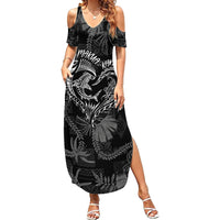 Hawaii Father's Day Vintage Lei Family Matching Summer Maxi Dress and Hawaiian Shirt Hauoli la Makuakane - Black LT7 Mom's Dress Black - Polynesian Pride