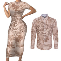Hawaii Father's Day Vintage Lei Couples Matching Short Sleeve Bodycon Dress and Long Sleeve Button Shirt Hauoli la Makuakane - Beige LT7 Beige - Polynesian Pride