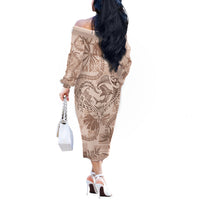 Hawaii Father's Day Vintage Lei Off The Shoulder Long Sleeve Dress Hauoli la Makuakane - Beige LT7 - Polynesian Pride