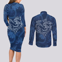 Hawaii Father's Day Vintage Lei Couples Matching Long Sleeve Bodycon Dress and Long Sleeve Button Shirt Hauoli la Makuakane - Blue LT7 - Polynesian Pride
