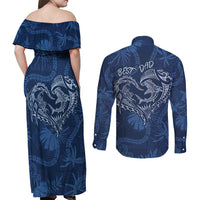 Hawaii Father's Day Vintage Lei Couples Matching Off Shoulder Maxi Dress and Long Sleeve Button Shirt Hauoli la Makuakane - Blue LT7 - Polynesian Pride
