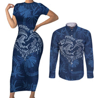 Hawaii Father's Day Vintage Lei Couples Matching Short Sleeve Bodycon Dress and Long Sleeve Button Shirt Hauoli la Makuakane - Blue LT7 Blue - Polynesian Pride
