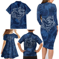Hawaii Father's Day Vintage Lei Family Matching Long Sleeve Bodycon Dress and Hawaiian Shirt Hauoli la Makuakane - Blue LT7 - Polynesian Pride