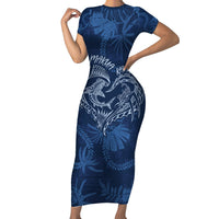 Hawaii Father's Day Vintage Lei Short Sleeve Bodycon Dress Hauoli la Makuakane - Blue LT7 Long Dress Blue - Polynesian Pride