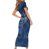 Hawaii Father's Day Vintage Lei Short Sleeve Bodycon Dress Hauoli la Makuakane - Blue LT7 - Polynesian Pride