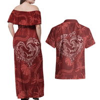 Hawaii Father's Day Vintage Lei Couples Matching Off Shoulder Maxi Dress and Hawaiian Shirt Hauoli la Makuakane - Red LT7 - Polynesian Pride