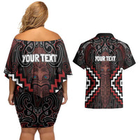 Maori Taiaha Whakairo Personalized Couples Matching Off Shoulder Short Dress and Hawaiian Shirt Red Poutama Motifs LT7 - Polynesian Pride