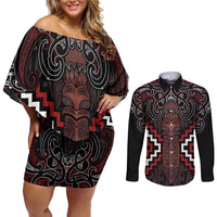 Maori Taiaha Whakairo Personalized Couples Matching Off Shoulder Short Dress and Long Sleeve Button Shirt Red Poutama Motifs LT7 Red - Polynesian Pride