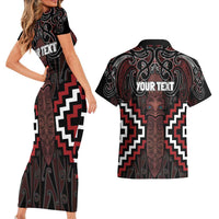 Maori Taiaha Whakairo Personalized Couples Matching Short Sleeve Bodycon Dress and Hawaiian Shirt Red Poutama Motifs LT7 - Polynesian Pride