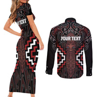 Maori Taiaha Whakairo Personalized Couples Matching Short Sleeve Bodycon Dress and Long Sleeve Button Shirt Red Poutama Motifs LT7 - Polynesian Pride