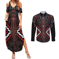 Maori Taiaha Whakairo Personalized Couples Matching Summer Maxi Dress and Long Sleeve Button Shirt Red Poutama Motifs LT7 Red - Polynesian Pride