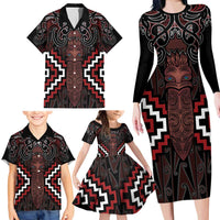 Maori Taiaha Whakairo Personalized Family Matching Long Sleeve Bodycon Dress and Hawaiian Shirt Red Poutama Motifs LT7 - Polynesian Pride