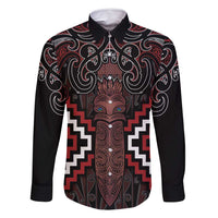 Maori Taiaha Whakairo Personalized Family Matching Off Shoulder Short Dress and Hawaiian Shirt Red Poutama Motifs LT7 Dad's Shirt - Long Sleeve Red - Polynesian Pride