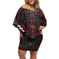 Maori Taiaha Whakairo Personalized Family Matching Off Shoulder Short Dress and Hawaiian Shirt Red Poutama Motifs LT7 Mom's Dress Red - Polynesian Pride