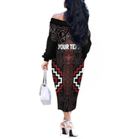Maori Taiaha Whakairo Personalized Off The Shoulder Long Sleeve Dress Red Poutama Motifs