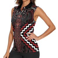 Maori Taiaha Whakairo Personalized Women Sleeveless Polo Shirt Red Poutama Motifs LT7 - Polynesian Pride