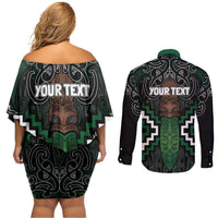 Maori Taiaha Pounamu Whakairo Personalized Couples Matching Off Shoulder Short Dress and Long Sleeve Button Shirt Jade Poutama Motifs LT7 - Polynesian Pride